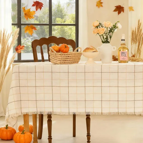 Vista 7 de Midsummer Breeze Mantel cuadrado de algodón rústico, mantel de arpillera con flecos para Halloween, Acción de Gracias, Navidad, cocina, comedor
