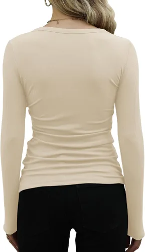 Vista 3 de GEMBERA Camisetas básicas de manga larga con cuello redondo y punto acanalado para mujer, estilo casual, ajustadas