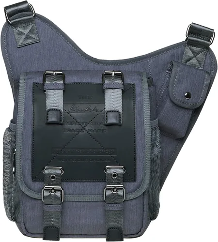 Vista 12 de Bolso de mensajero de lona vintage para hombre, bolso de mensajero de retazos de cuero en el pecho