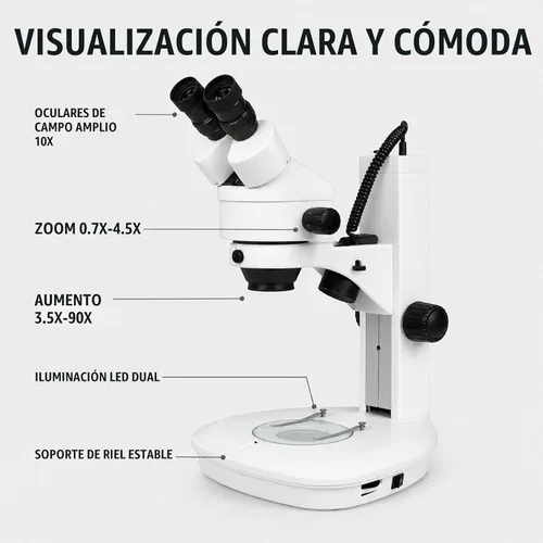 Vista 2 de Microscopio estéreo con zoom binocular VS-2EZ, ocular de campo ancho 10x, rango de zoom de 0.7X—4.5X, rango de aumento de 3.5X—90x, lente auxiliar
