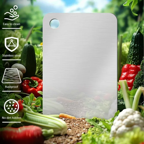 Vista 3 de Tablas de cortar de acero inoxidable de titanio para cocina, doble cara 11.8 x 7.87 pulgadas, grado alimenticio, para cortar verduras y carne