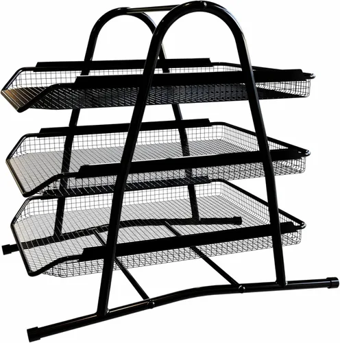 Vista 2 de Performore Bandeja organizadora de papel apilable de 3 niveles para escritorio, estante de archivos de metal negro para papel de tamaño legal