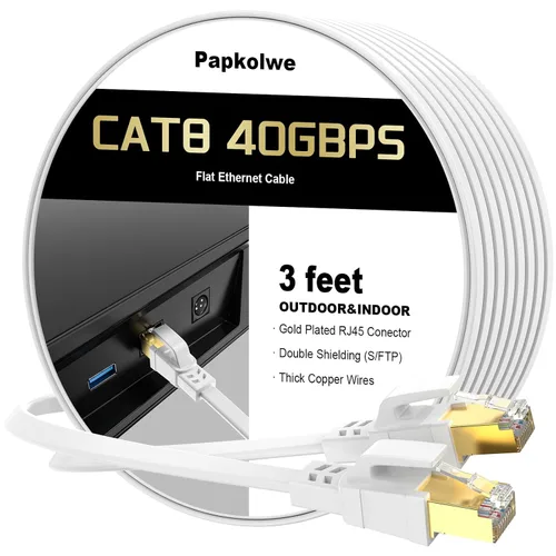 Vista 23 de Cable Ethernet Cat 8 de 1.5 pies, cable de red LAN Cat8 de alta velocidad, cable de conexión plano RJ45 de 40 Gbps 2000 MHz para computadora