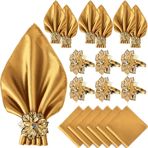 Vista 10 de VIJIV Juego de 12 servilletas de tela y juego de 6 anillos para servilletas dorados, 17x17 servilletas de cena de satén cuadradas con flores