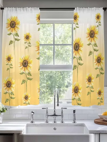 Vista 3 de Juego de 2 paneles de cortinas de girasol de 63 pulgadas de largo, cortinas traslúcidas amarillas con bolsillo para barra, cortinas de cocina