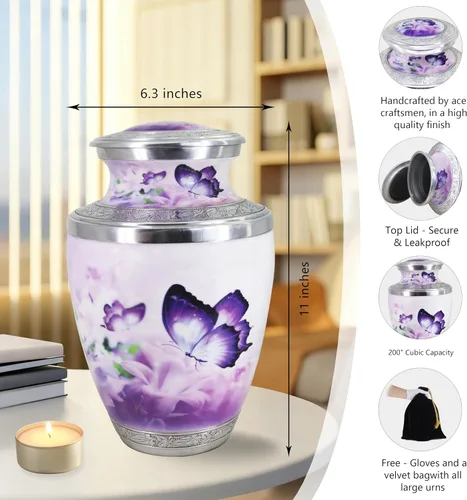 Vista 2 de M MEILINXU Urna para cenizas para mujeres y hombres, urnas de cremación para cenizas humanas, mujeres y hombres, urna de entierro con mariposas