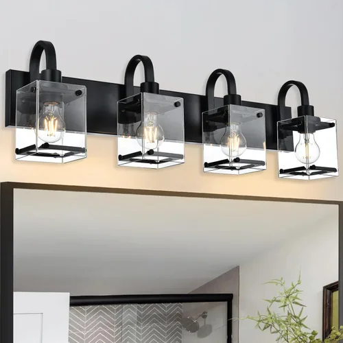 Vista 15 de Lámparas de tocador de baño de 3 luces, modernas luces de tocador con pantalla de vidrio transparente, lámpara de pared de níquel cepillado