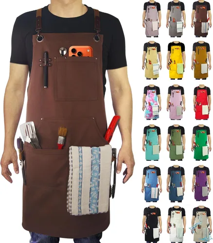 Vista 15 de Delantal de Cocina, Delantal de Trabajo, Lona, Múltiples Bolsillos, Jardinería, Pintura, BBQ, Artista, Carpintero, Tallas M a XXL, Ámbar