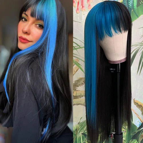 Vista 22 de QD-Tizer Pelucas sintéticas de color rubio ceniza con flequillo, pelucas de cabello largo y lacio, sin pegamento, pelucas sintéticas sin encaje