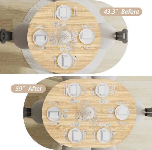 Vista 5 de Mesa de comedor redonda extensible de 43.3-59 pulgadas para 4-6-8, puerta corredera de madera estriada, mesa de cocina ovalada moderna, base