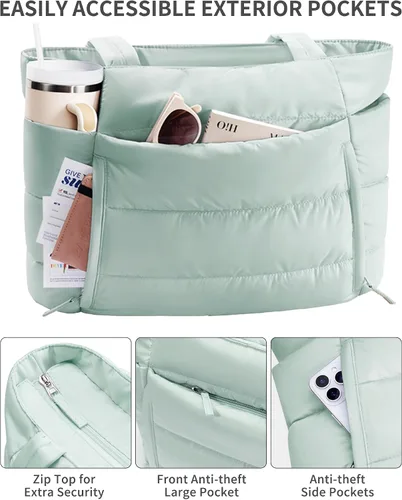 Vista 5 de Bolsa Tote Acolchada para Mujeres, Bolsa de Mano de Trabajo Ligera y Esponjosa para Maestras y Enfermeras, Bolsa de Hombro Acolchada para Escuela