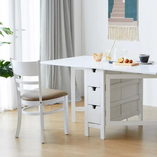 Vista 6 de Livinia Wings - Mesa de comedor de madera con patas de puerta, madera maciza expandible, con hoja caída, ahorro de espacio, con 6 cajones totalmente