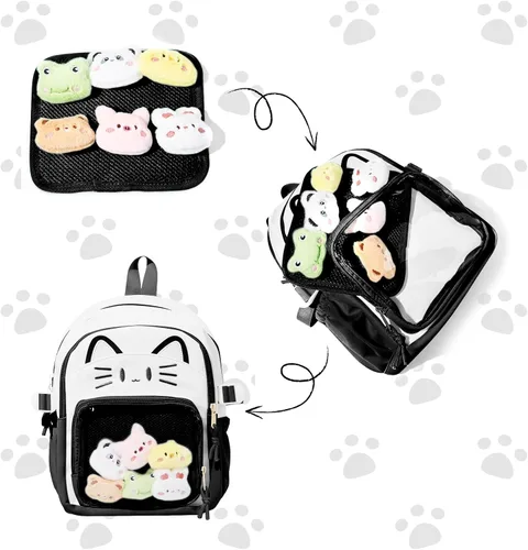 Vista 7 de Bolsa Kawaii Cat Ita, bolso con pines, bolsa con inserto, para uso diario y cosplay, nailon, Negro-blanco, Pequeño, Kawaii