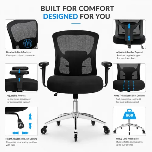 Vista 7 de Silla de oficina grande y alta de 600 libras, silla de malla ergonómica resistente, silla de escritorio ejecutiva para computadora con asiento ancho