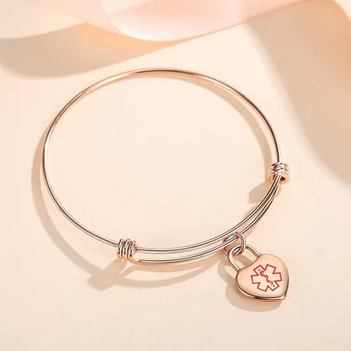 Vista 3 de LinnaLove Pulseras de alerta médica para mujer, ajustable, de acero inoxidable, con dije de corazón, grabado gratuito