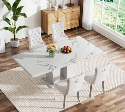 Vista 95 de Juego de mesa de comedor extensible marrón de 63 a 78.74 pulgadas para 4, juego de mesa de comedor de 5 piezas con 4 sillas, mesa de cocina