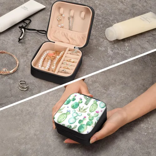 Vista 7 de MEAMOTAN Joyero pequeño con diseño de cactus de acuarela, mini joyero de viaje, organizador de joyas portátil, soporte de almacenamiento