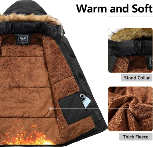 Vista 3 de Men's Winter Thicken Coat Warm Faux Fur Lined Padded Puffer Parka Jacket with Removable Hood