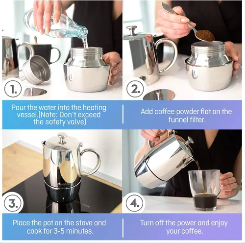 Vista 5 de VeoHome Cafetera espresso para estufa - l olla de inducción de acero inoxidable con múltiples estufas (10.1 fl oz)