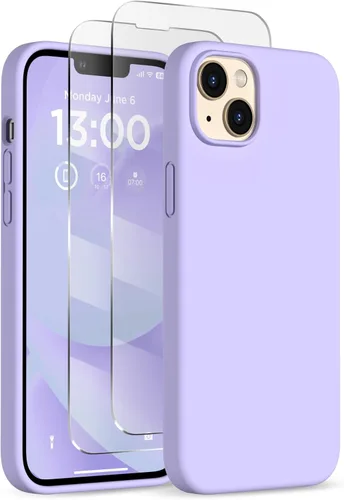 Vista 10 de Funda delgada para iPhone 13 de 6.1 pulgadas, silicona líquida a prueba de golpes, con forro de microfibra suave antiarañazos, 2 protectores