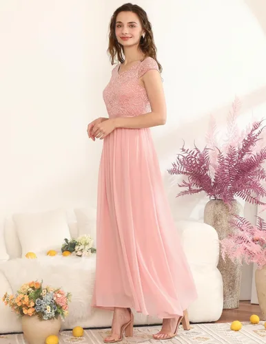 Vista 3 de DRESSTELLS Vestido largo formal para mujer, vestido de dama de honor, vestido de fiesta de noche, fiesta de noche, vestido de playa con cuello en V