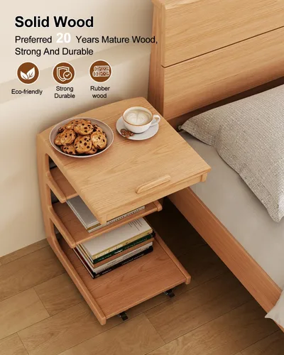 Vista 4 de AQIMUELE Mesa auxiliar de madera en forma de C, escritorio de sofá con 2 ruedas con cerradura, mesa de sofá de 4 niveles con bolsa de Natural