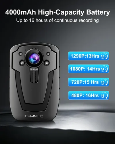 Vista 4 de CAMMHD C8 1296P Cámara corporal con grabación de audio y video, cámara corporal con grabación de batería de 4000 mAh video 14 horas, cámara corporal