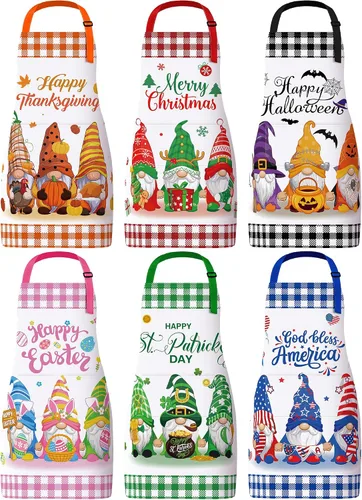 Vista 10 de Bencailor 6 delantales de cocina de verano con bolsillos, diseño de flores, gallo, abeja, mariposa, girasol, delantales de verano a granel