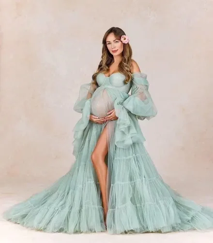 Vista 8 de Vestidos de maternidad de tul para sesión de fotos, batas de hombro descubierto, manga larga, lencería nupcial, vestido de baby shower, vestidos