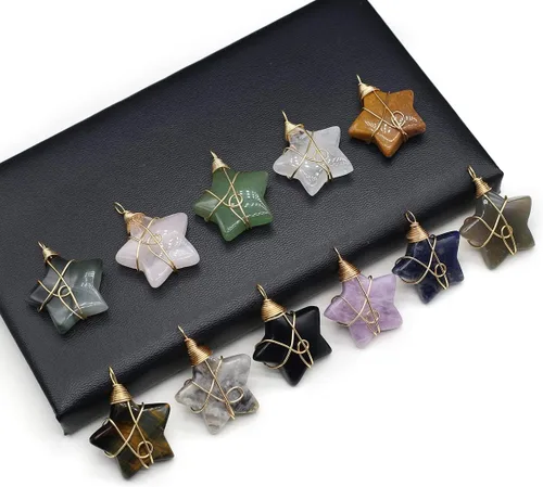 Vista 5 de QSLLER 5 piezas de piedra natural colgante de estrella hecho a mano de cobre enrollado amatista ágata ojo de tigre curativo piedra de cristal