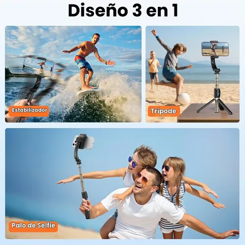 Vista 2 de Estabilizador de cardán para smartphone, cardán de mano de equilibrio automático de 1 eje, trípode extensible giratorio de 360°, control remoto Negro