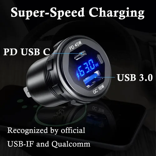 Vista 6 de PD - Cargador rápido USB C de 45 W de 18 W, enchufe de cargador USB 3.0 impermeable con interruptor, voltímetro LED y fusible de cable, kit