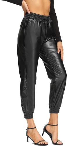 Vista 2 de V VOCNI Pantalones deportivos de piel sintética de cintura alta con control de abdomen grueso, adelgazantes, elásticos, color negro