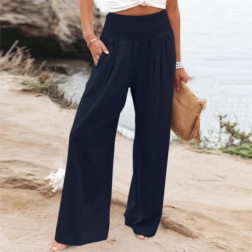 Vista 2 de Pantalones de lino de pierna ancha para mujer, pantalones palazzo, holgados, para playa, casual, verano, 2023, con bolsillo fruncido, pantalones