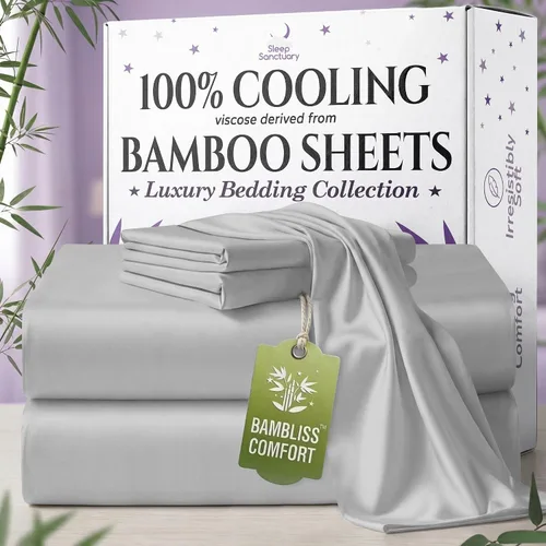 Vista 28 de SLEEP SANCTUARY - Juego de sábanas 100% viscosa derivada de bambú tamaño individual 4 piezas – Sábanas de lujo BamBliss de enfriamiento