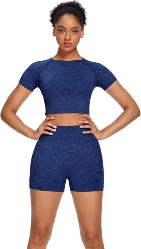 Vista 5 de Sytiz Conjunto de 2 piezas de yoga sin costuras para mujer, pantalones cortos de gimnasio y camiseta corta de manga corta