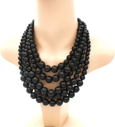Vista 5 de JNF Collares grandes de perlas de imitación para mujer, collar de perlas de múltiples hebras, pulsera y aretes, collar de perlas para disfraz Negro