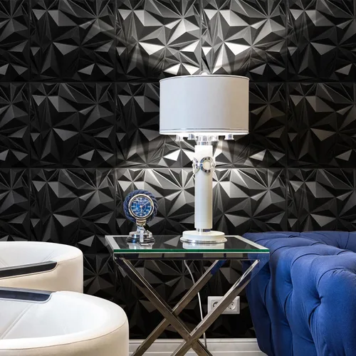 Vista 6 de STICKGOO Paquete de 12 Paneles de Pared 3D para Decoración de Pared Interior, Paneles de Pared de Acento con Diseño de Diamante Negro, 19.7''x19.7