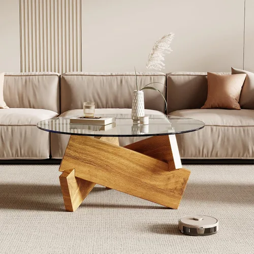 Vista 3 de Honyee Mesa de café redonda moderna, 78 cm x 78 cm x 41 cm con tapa de cristal templado para sala de estar, Color: Madera natural