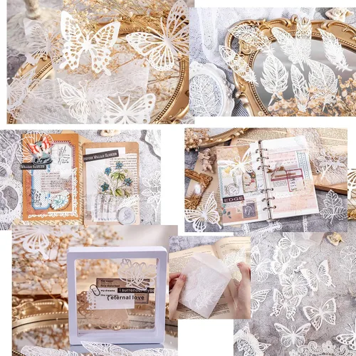 Vista 7 de 40 piezas de suministros para álbumes de recortes, papel de encaje, hojas de mariposa, serie de plumas, suministros de diario, papel decorativo
