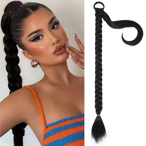 Vista 9 de Extensiones de cola de caballo trenzada de 20 pulgadas de largo para mujer, extensiones de cabello lacio envolvente con banda para el cabello, cola