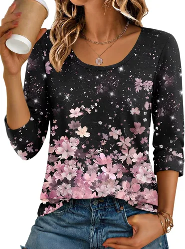 Vista 17 de Ekouaer Camisetas básicas casuales de manga 3/4 para mujer, cuello redondo Rayado Caqui
