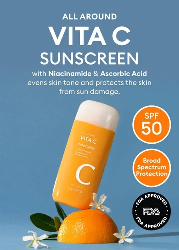 Vista 2 de MISSHA All Around Vita C Protector solar SPF 50, vitamina C cuidado facial 2.36 oz Korean sunscreen with sheer zinc oxide texture, non-sticky