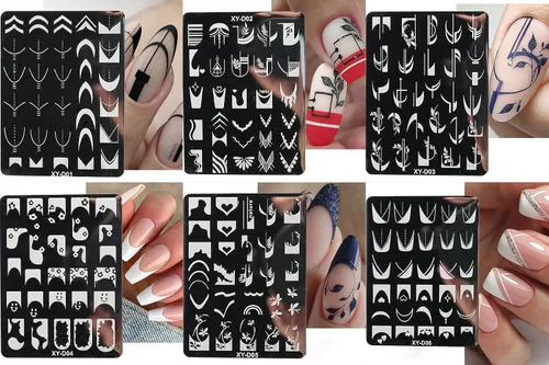 Vista 2 de Juego de 6 plantillas de estampado de uñas con líneas francesas, flores, hojas, diseño de corazón sonriente, kits de estampación, herramientas
