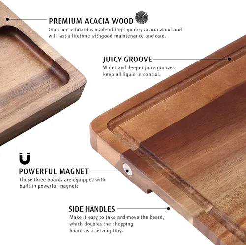 Vista 6 de hecef Juego de tablas de charcutería extra grande, 3 en 1, bandeja magnética de madera de acacia con bolsa de almacenamiento, bandeja de picnic al