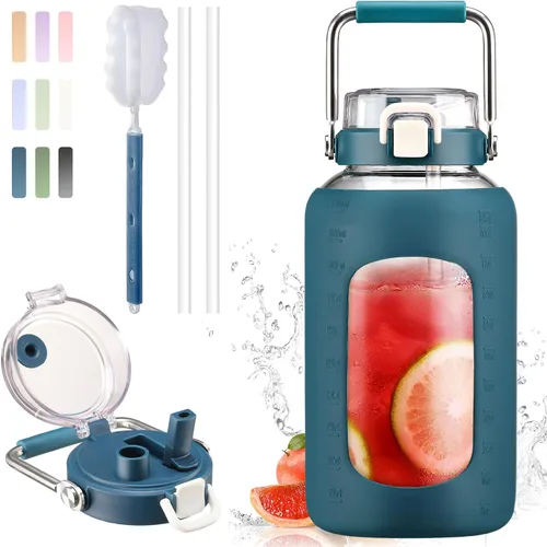 Vista 12 de BLUEGO Botella de agua de vidrio de 64 onzas con mango de acero inoxidable, botella de agua grande con marcadores de tiempo y funda de silicona Ámbar
