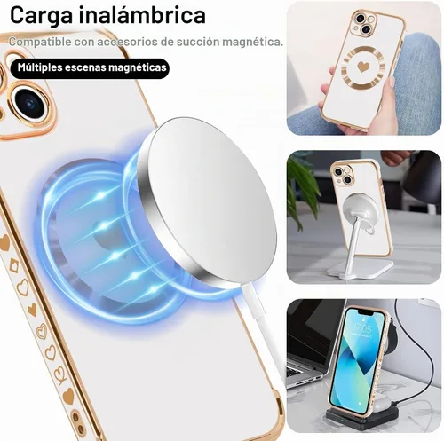 Vista 6 de Funda magnética para iPhone 13, para mujeres y niñas, chapado de lujo, lindo corazón de amor, cubierta trasera suave, protección completa de lente