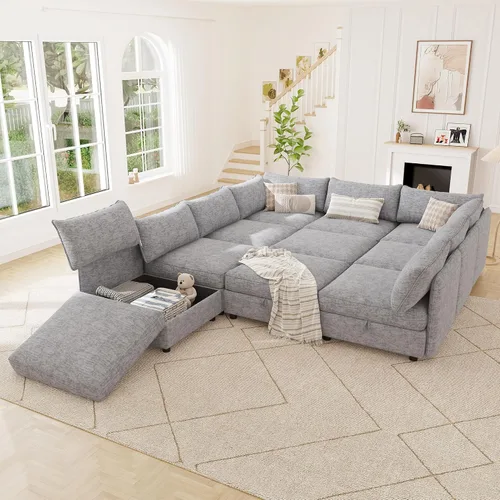 Vista 9 de 95.5" Sofá seccional modular de chenilla con almacenamiento oculto, sofá cama convertible en forma de L y U, sofá seccional moderno de 6 plazas