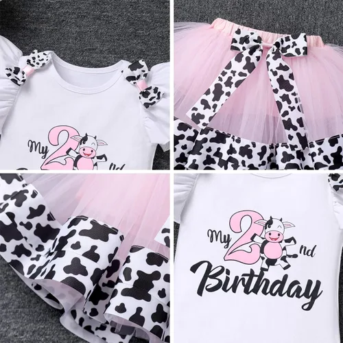 Vista 6 de ODASDO Mameluco con tutú para bebé niña y niña, con temática de vaca, 1, 2, 3 cumpleaños, fiesta, pastel, para niños pequeños