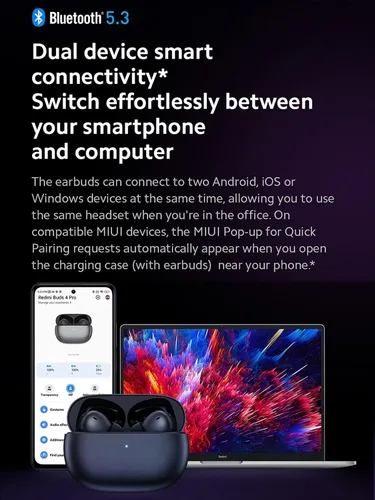 Vista 6 de XIAOMI Redmi Buds 4 Pro TWS - Auriculares inalámbricos Bluetooth 5.3 con cancelación activa de ruido, 3 micrófonos, 36 horas de vida, reducción